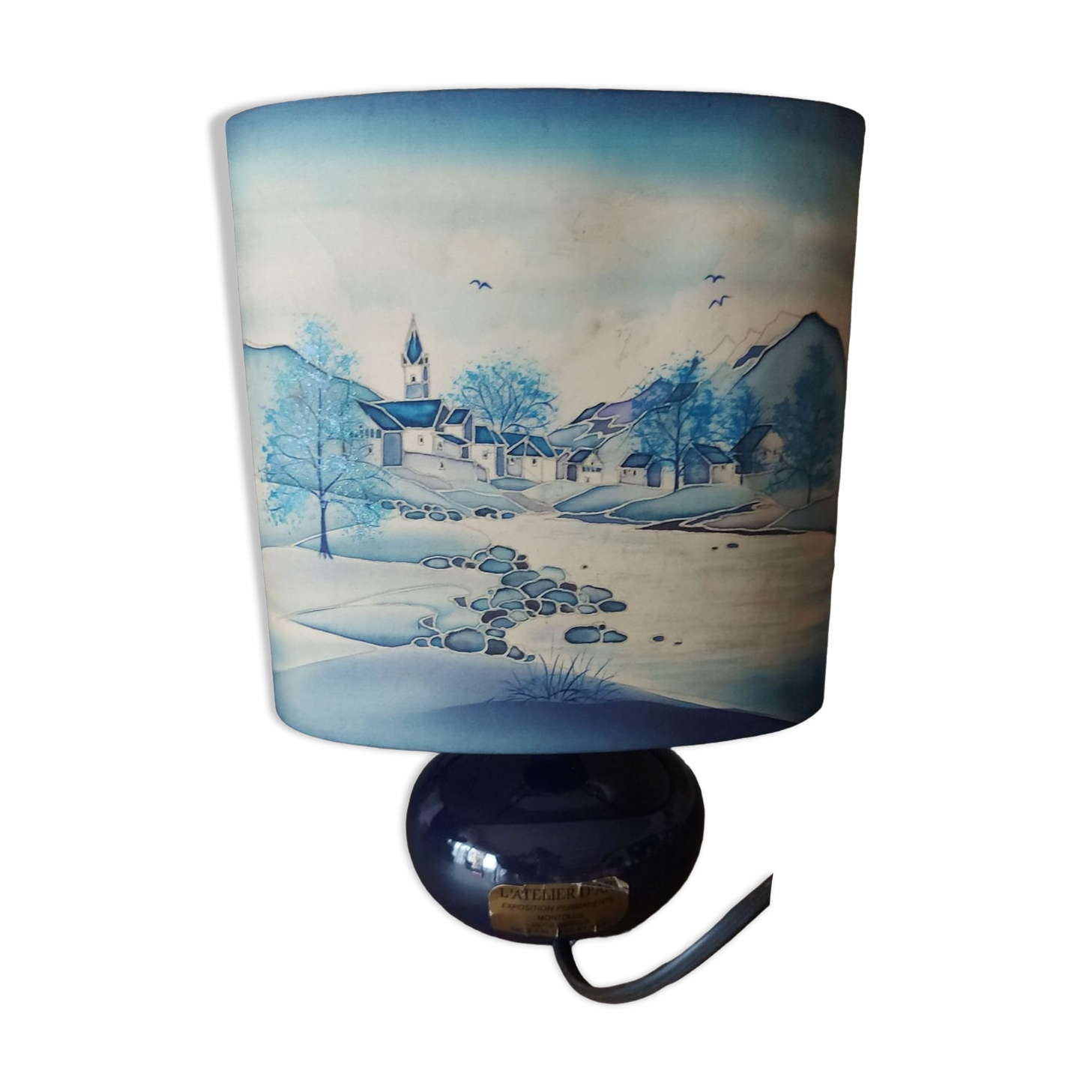 Ceramic lamp, Montclus art workshop, silk lampshade, hand painted