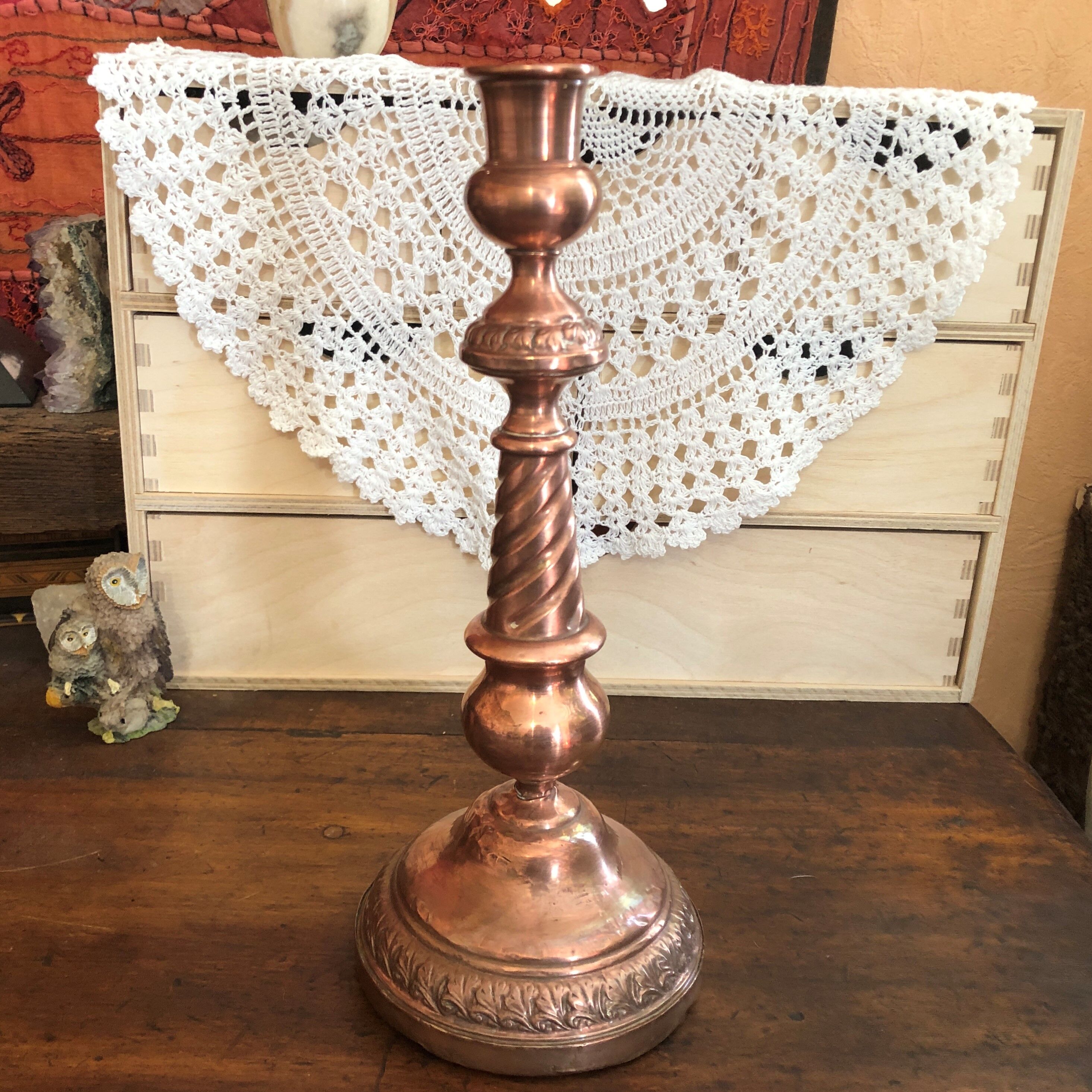 Red copper candle holder with punches
