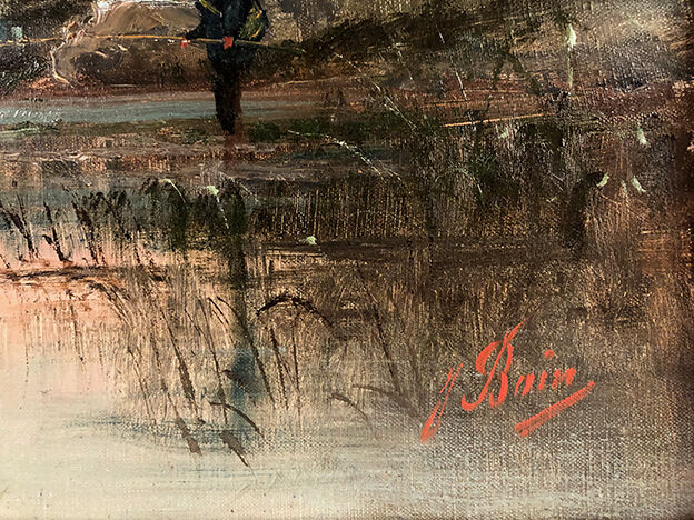 Oil on canvas, "Riverside at sunrise" signed J.Bain