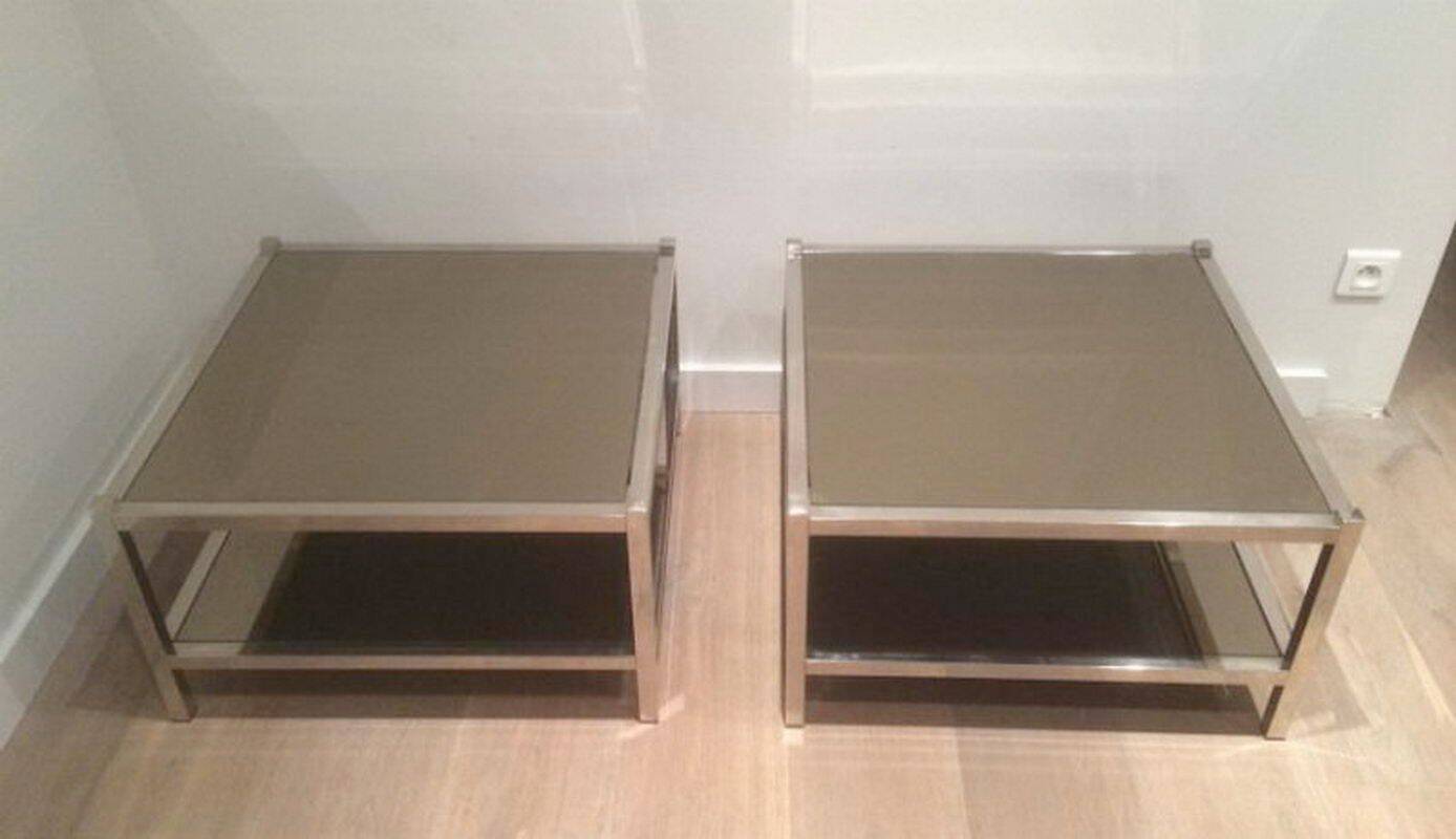 Pair of large side tables in chrome and bronze mirrors
