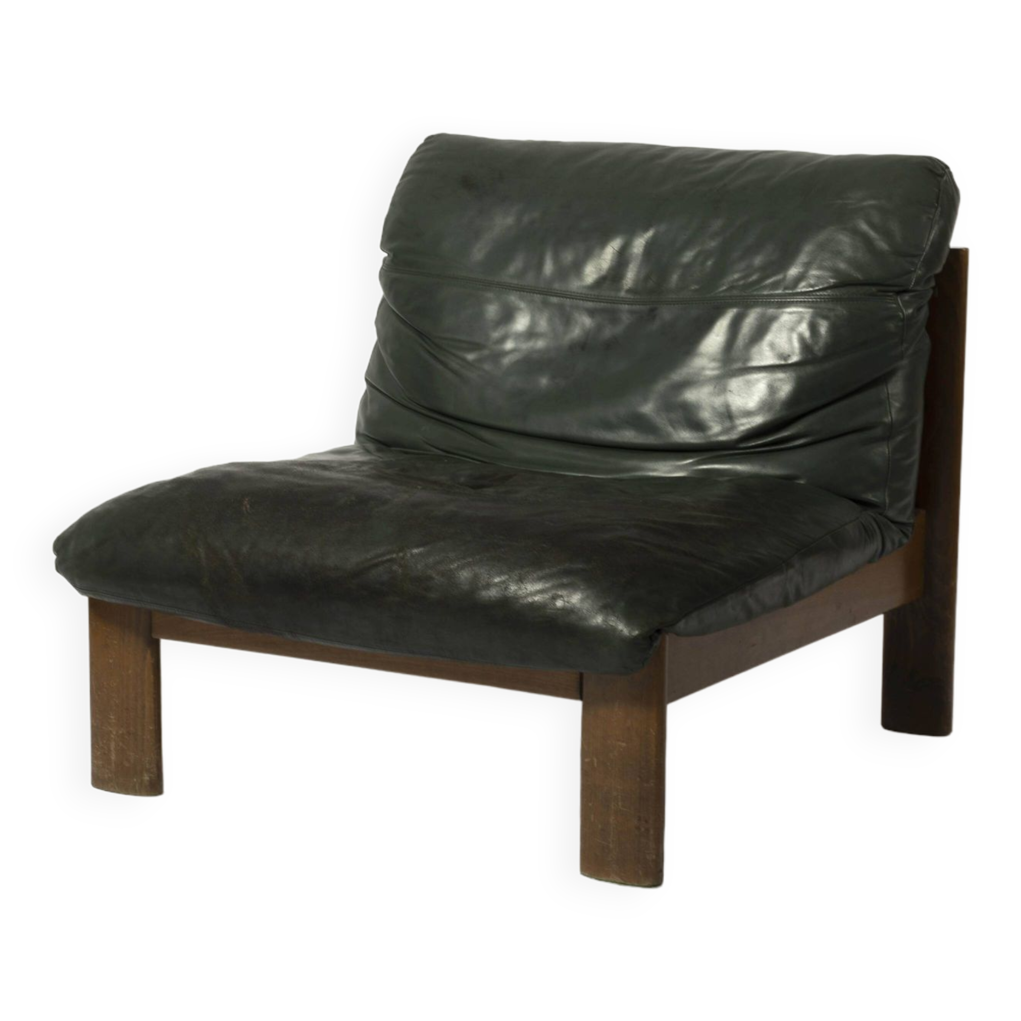 Sling chair in wood and green leather, germany, 1970s