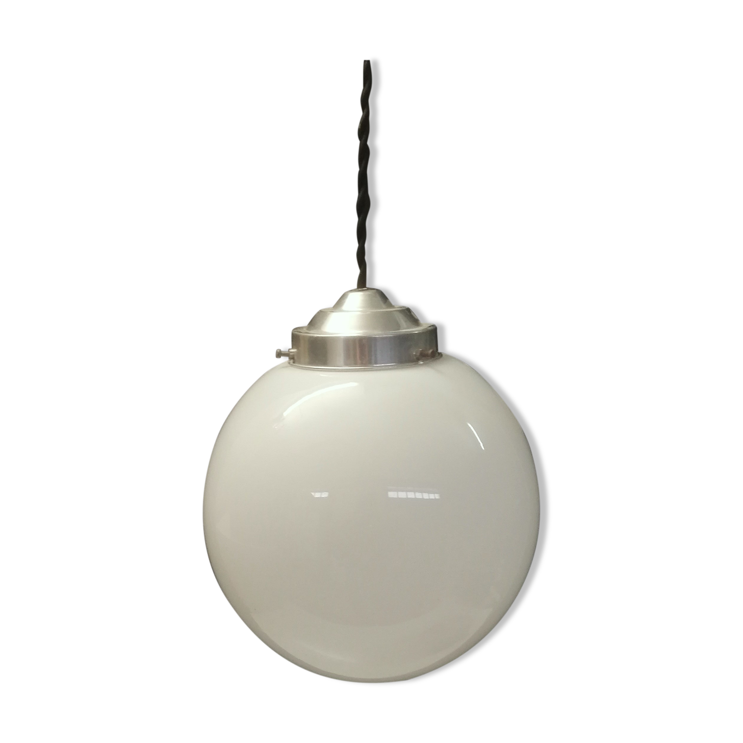 Suspension art deco globe opaline blanche pavillon porcelaine -circa 1940