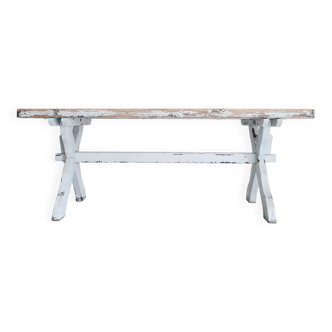 Table de ferme patine intense piétement croisé
