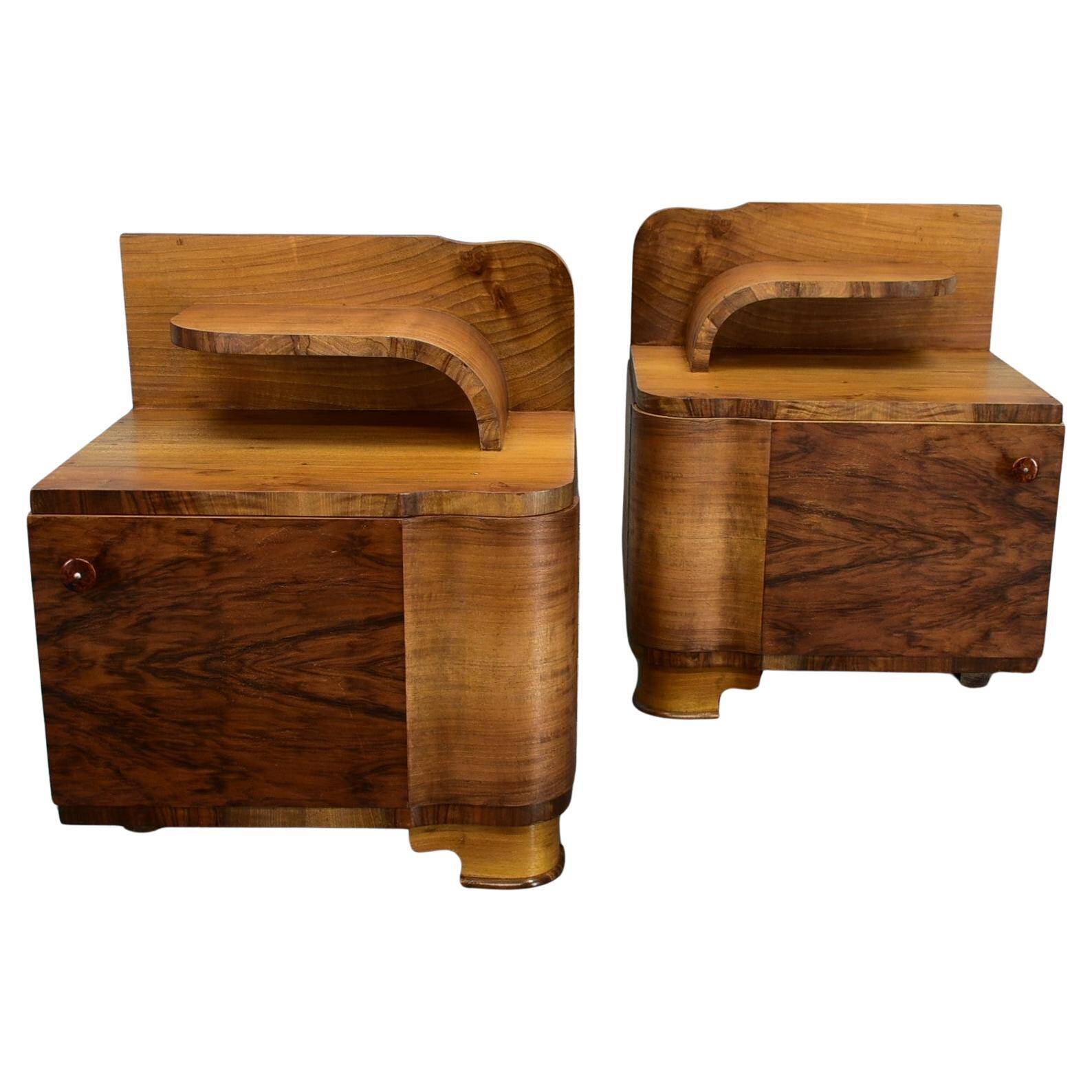 1930s Art Deco nightstands in walnut finish, Czechoslovakia
