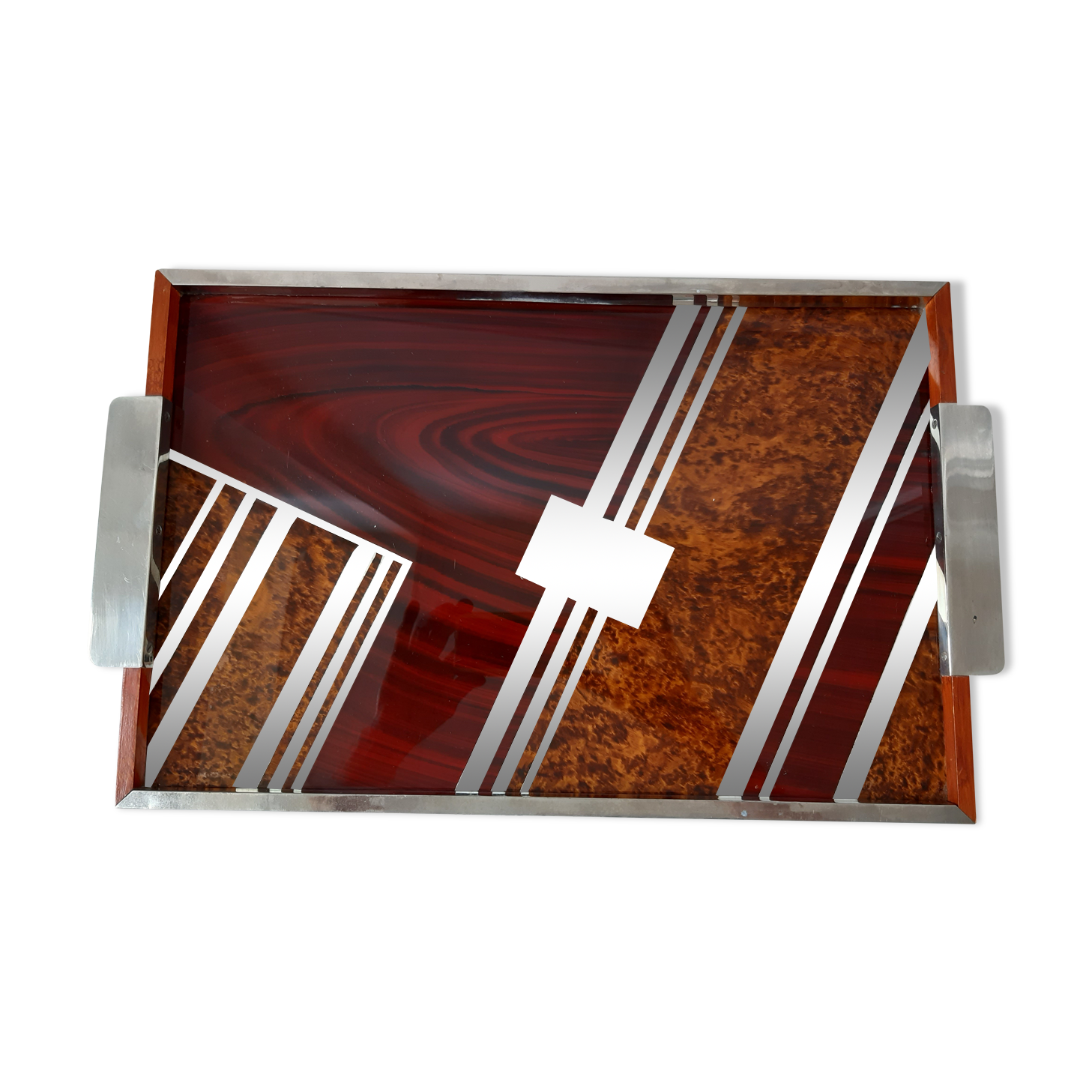 Art deco tray in wood, steel, chrome, glass and mirror 30s-40s