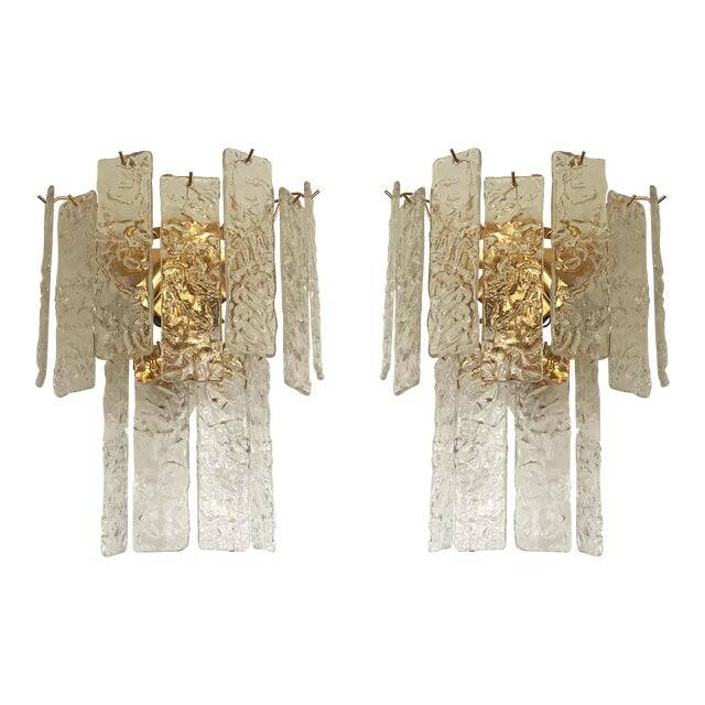 Pair of contemporary hammered strips ”listelli” murano glass wall sconces