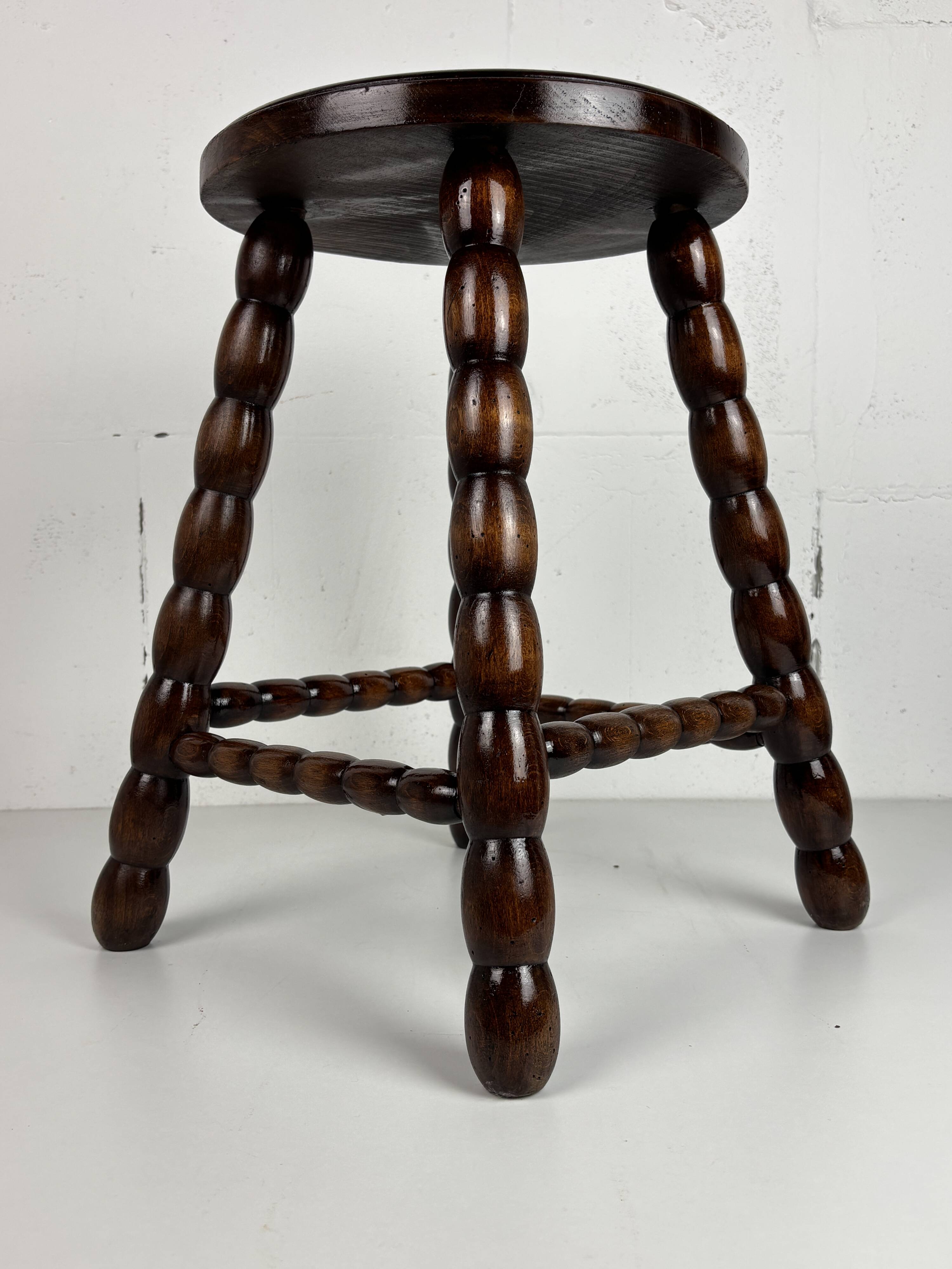 Midcentury bobbin wood turned stool, Charles Dudouyt style, France, 1950s