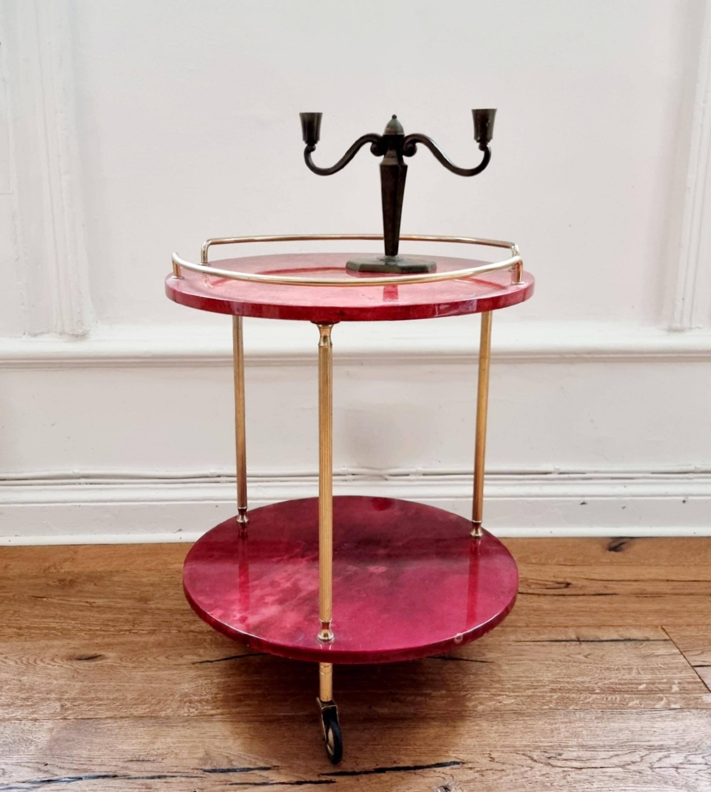 Aldo Tura bar cart, red goat leather, mid-century Italian / Hollywood Regency