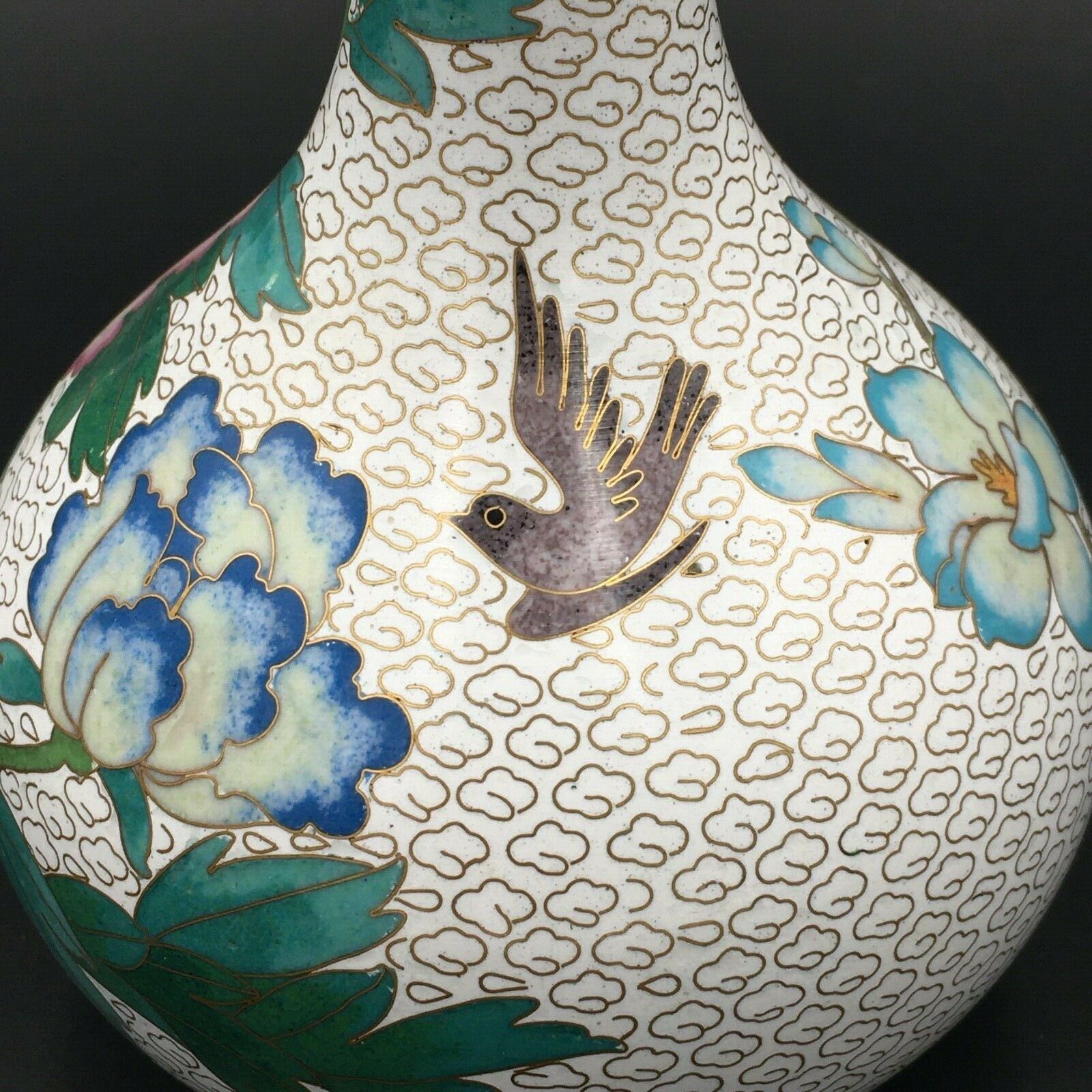 Brass Vase Email Cloisonné Decor Peony and Bird China Middle XXth Enamel