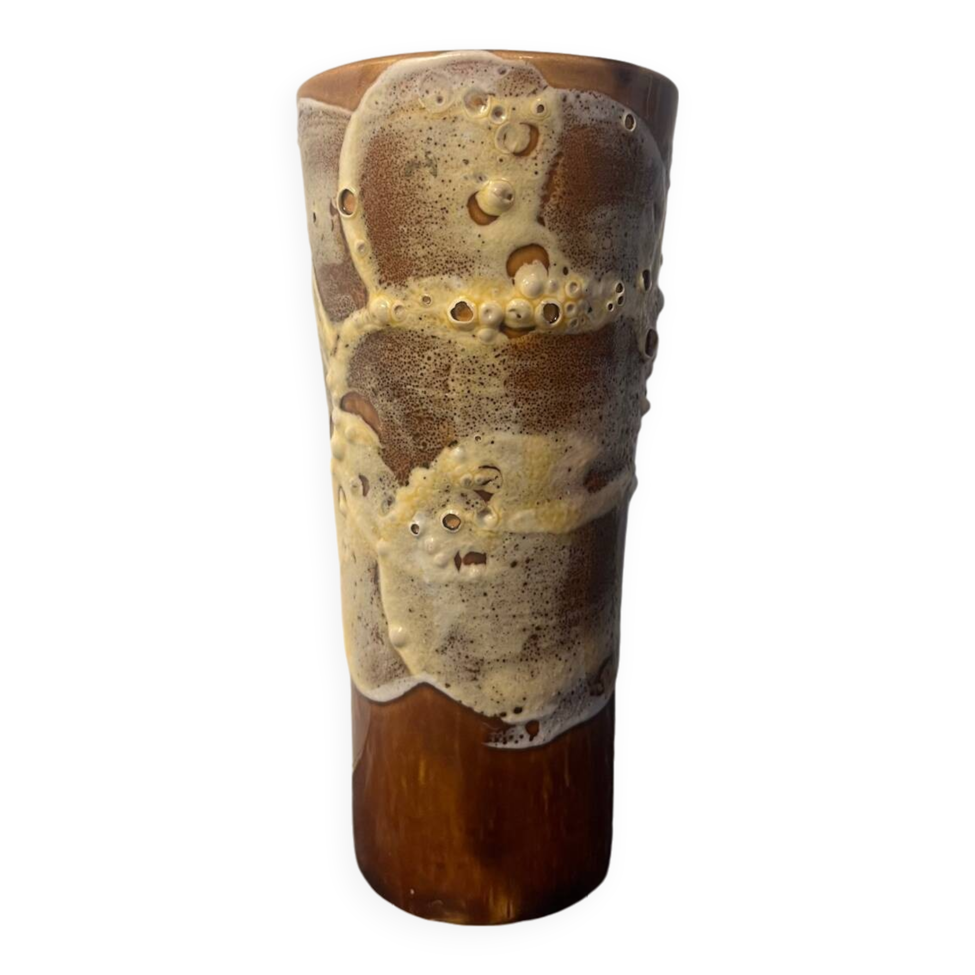 Small ceramic vase with textured details, brown tones, 1970s