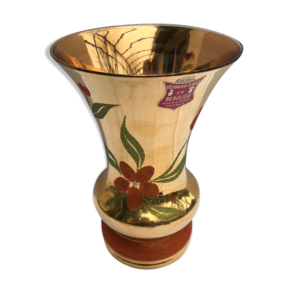 Vase verrerie d’art beaulieu verre peint doré avec décor fleurs vintage Bon état -  reconditionné disponible sur Selency