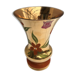 Vase verrerie d’art beaulieu verre peint doré avec décor fleurs vintage