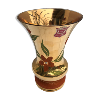 Vase verrerie d’art beaulieu verre peint doré avec décor fleurs vintage