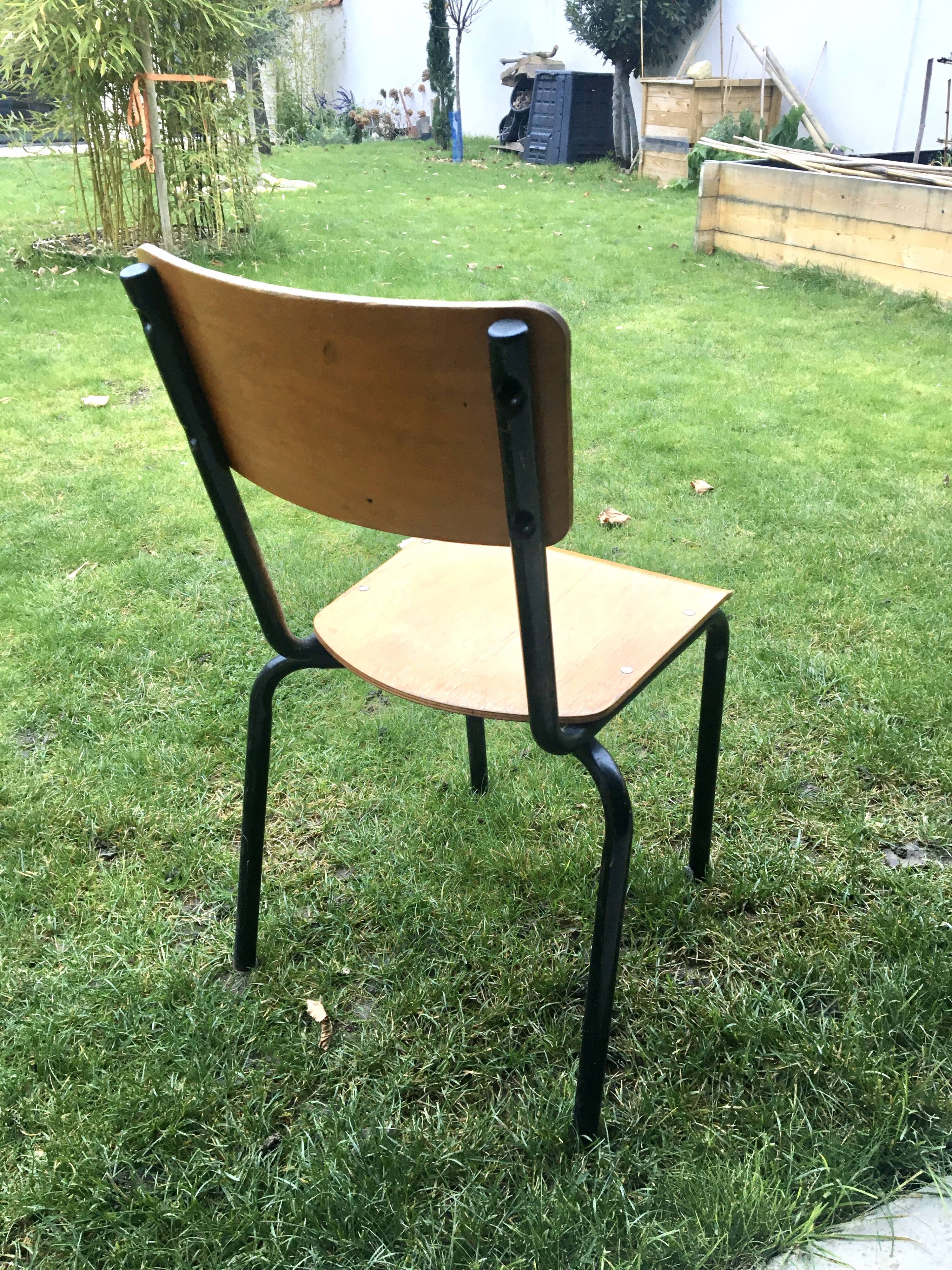 Vintage beech school chair and black steel foot