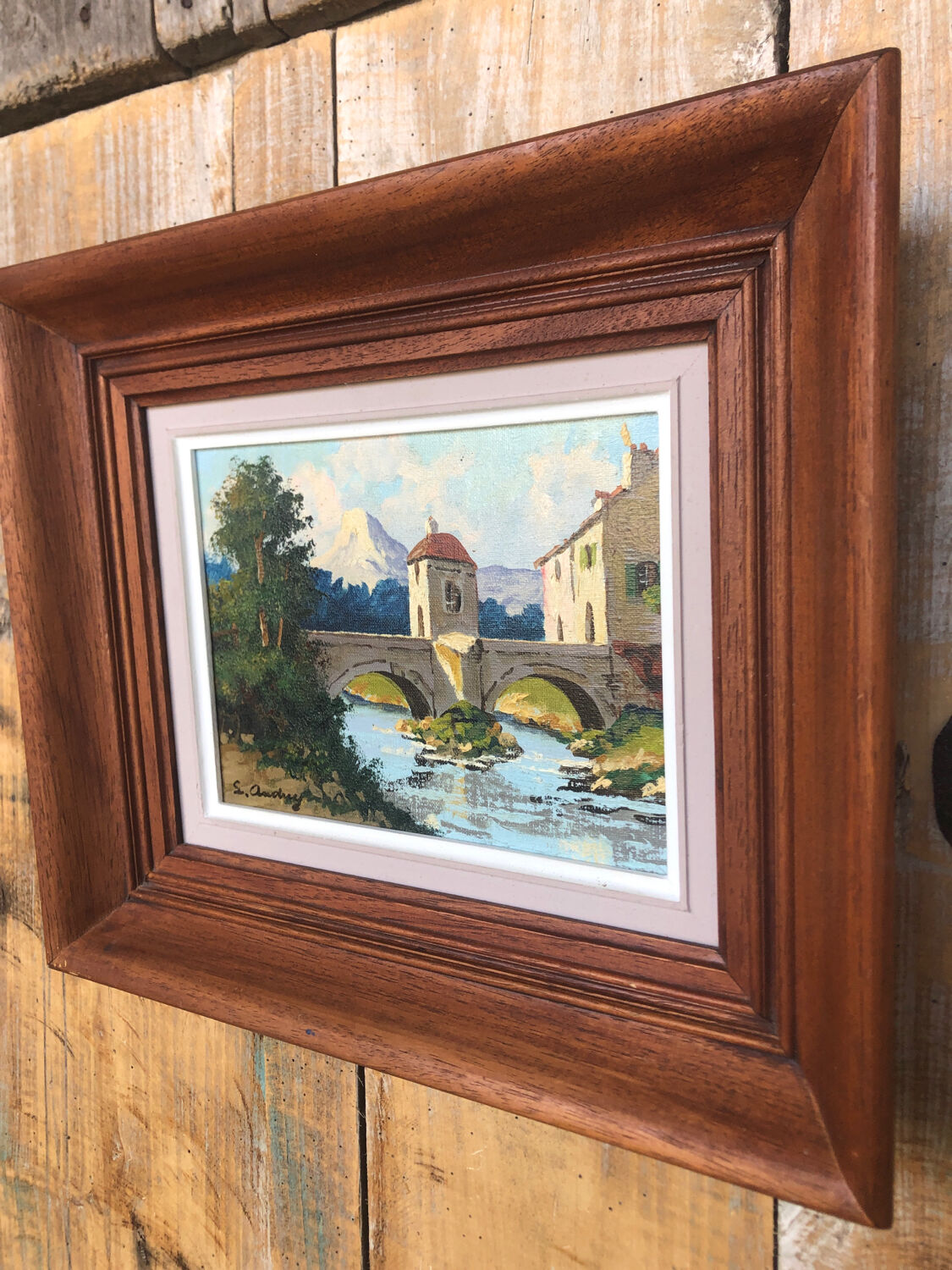 Oil painting on canvas s. audrey riverside + wood frame #a218
