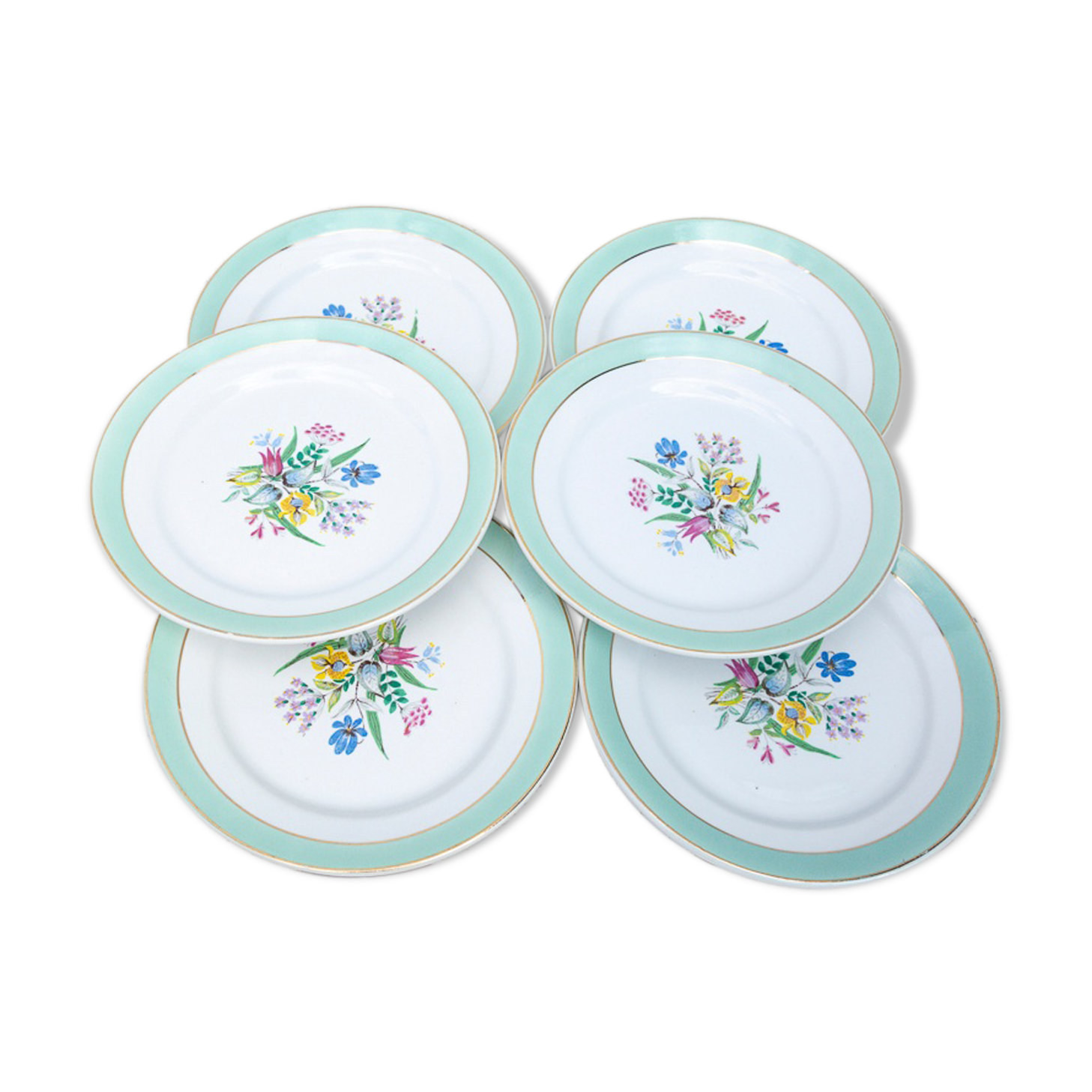 6 dessert plates Badonviller flower pattern and green and golden headband