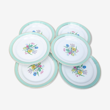 6 assiettes à dessert Badonviller motif fleurs et bandeau vert et doré