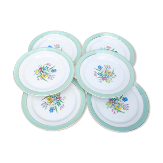 6 dessert plates Badonviller flower pattern and green and golden headband