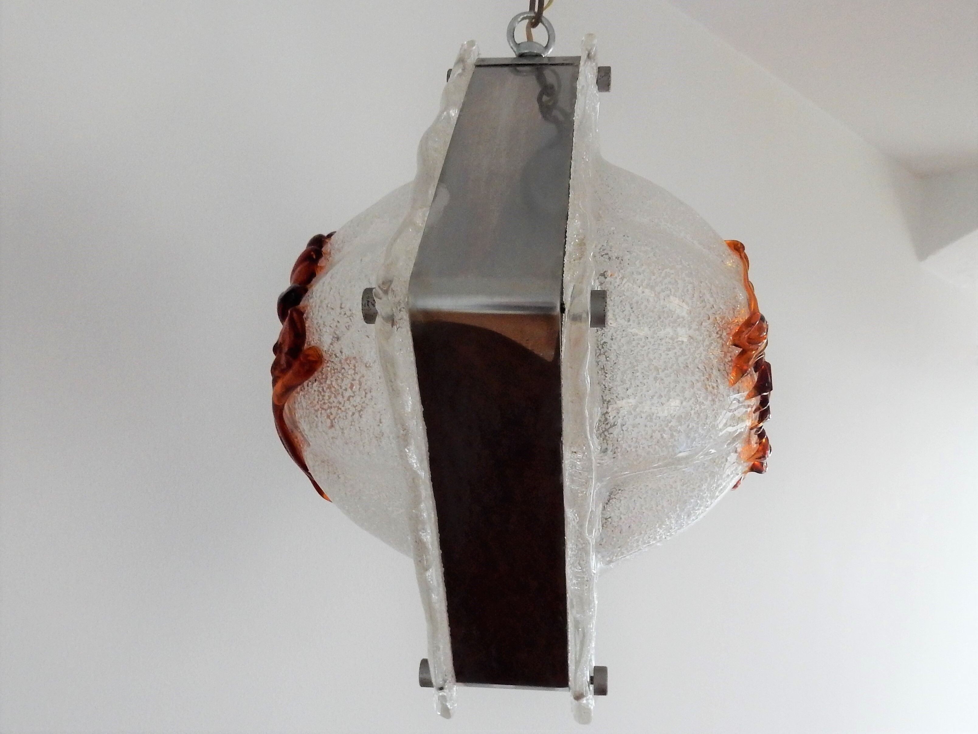White and amber murano glass pendant lamp, italy, 1960s