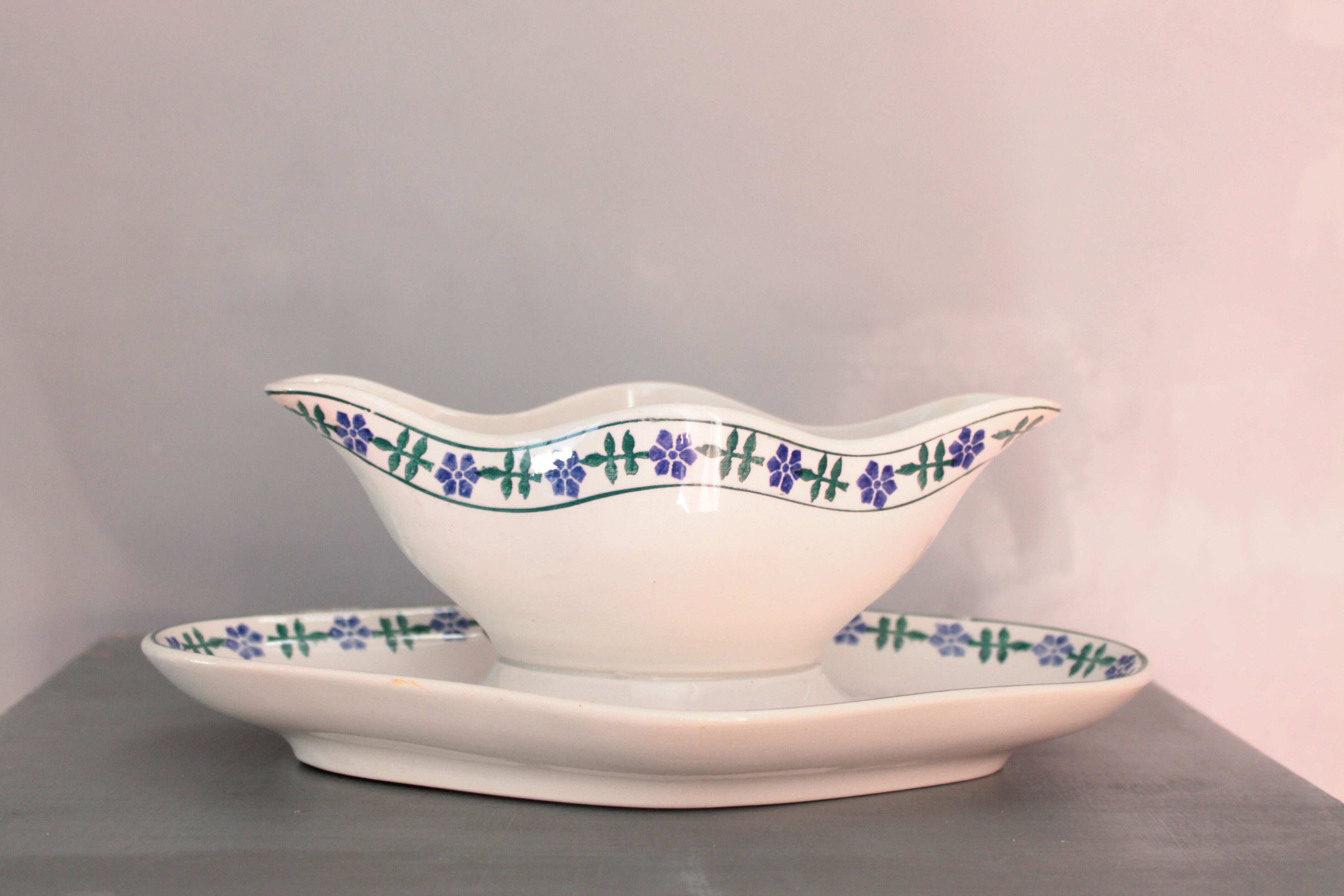 Old French white and blue gravy boat, in opaque porcelain, with blue flower pattern