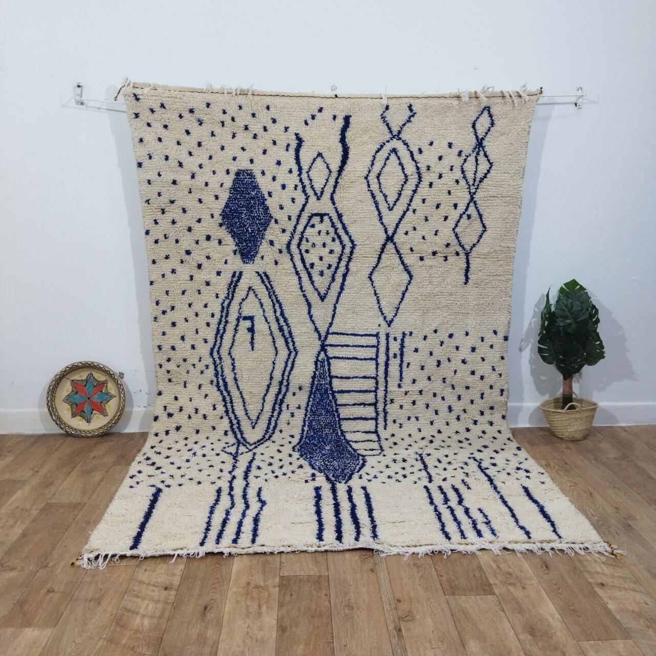 Vintage Azilal rug 290x196 cm - Blue geometric patterns