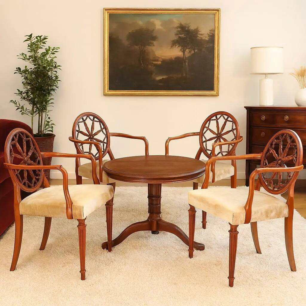Antique cherry wood and fabric armchairs, United Kingdom, 20th century