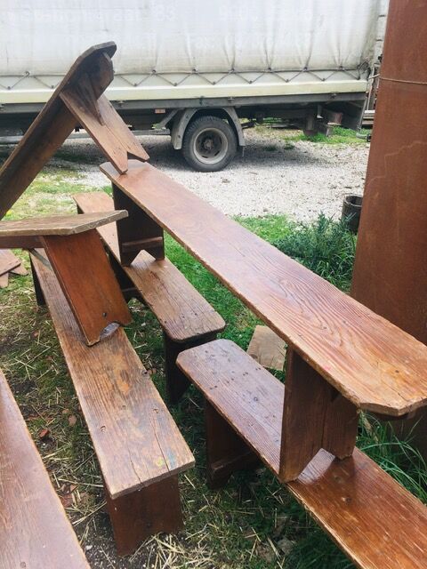 lot of 10 '30s bistro benches in pretty pattine fir