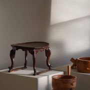 Organic Art Deco side table / solid stained wood stool, 1940s