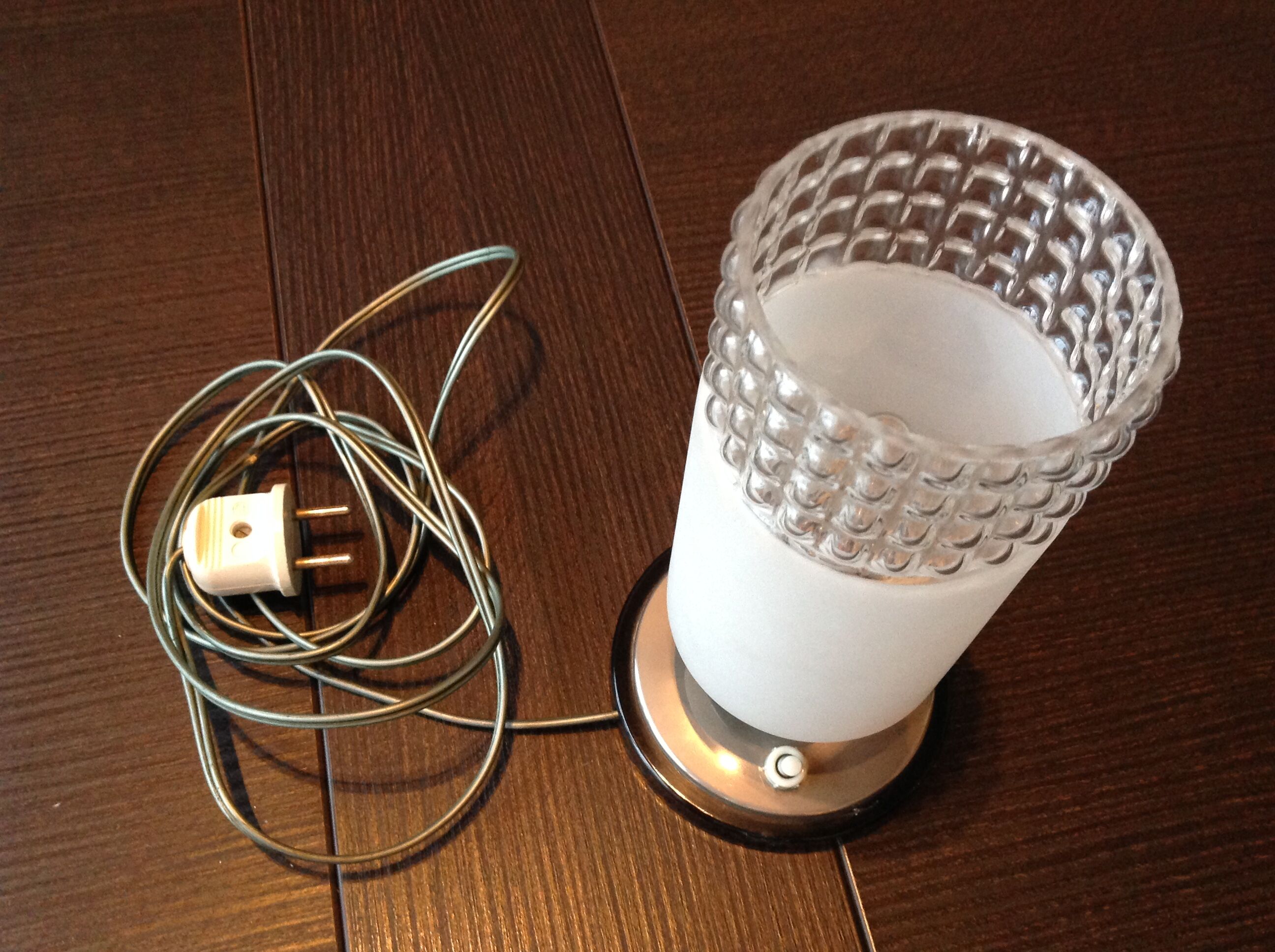 Tube bedside lamp with bi-material/vintage glass lampshade, 60/70s