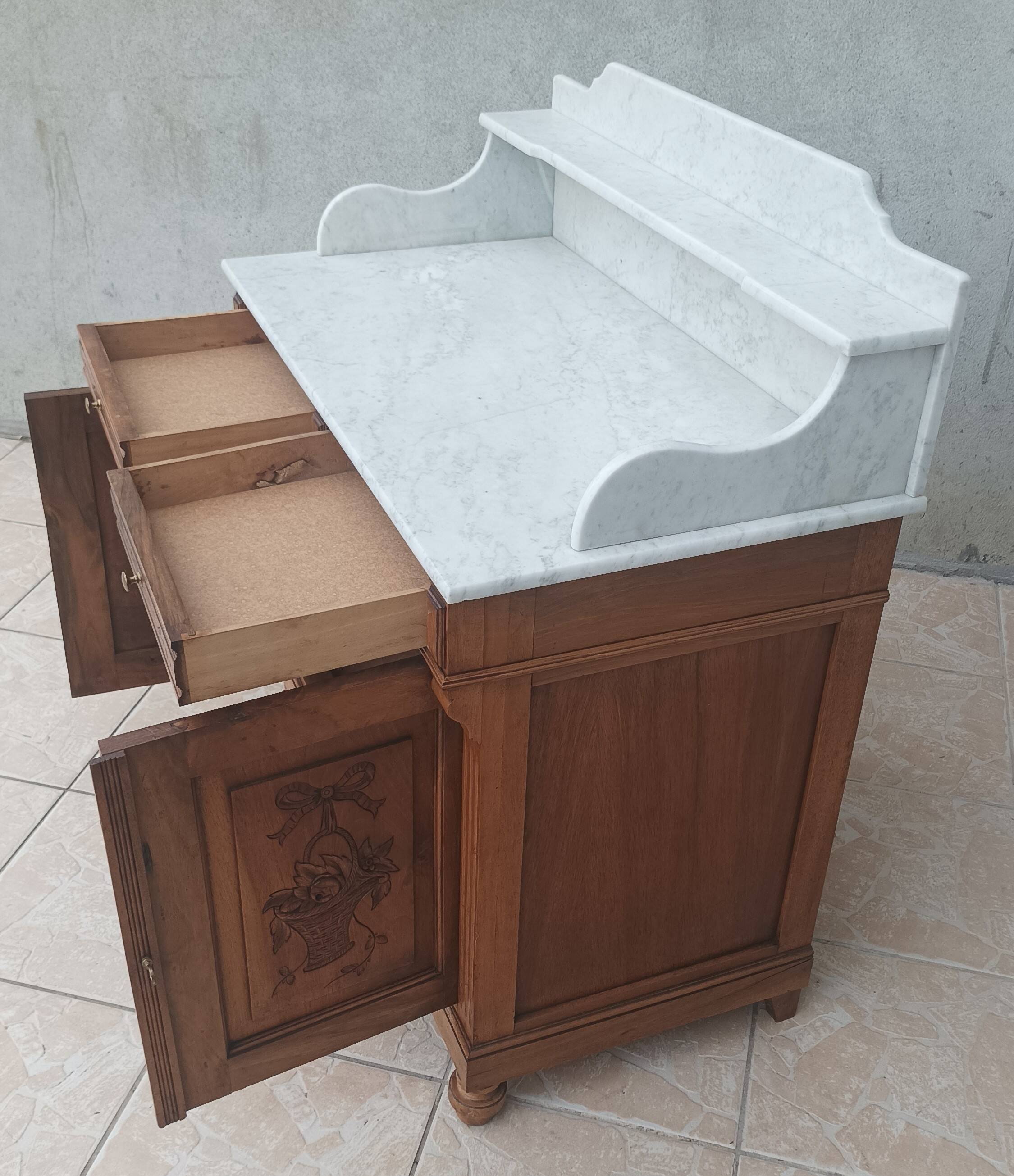 Antique walnut and white marble bathroom cabinet
