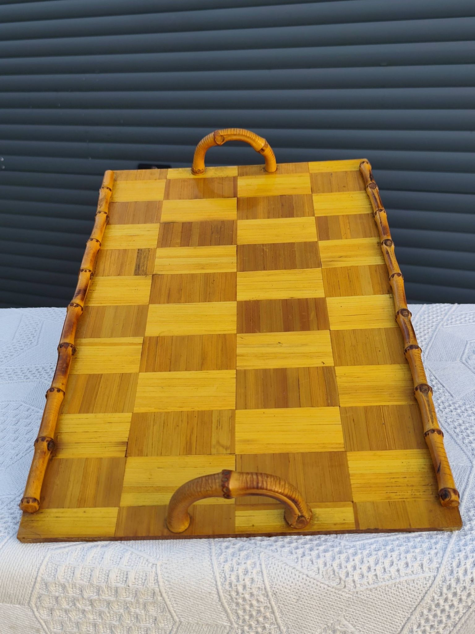 Vintage tray in "bamboo and marquetry"