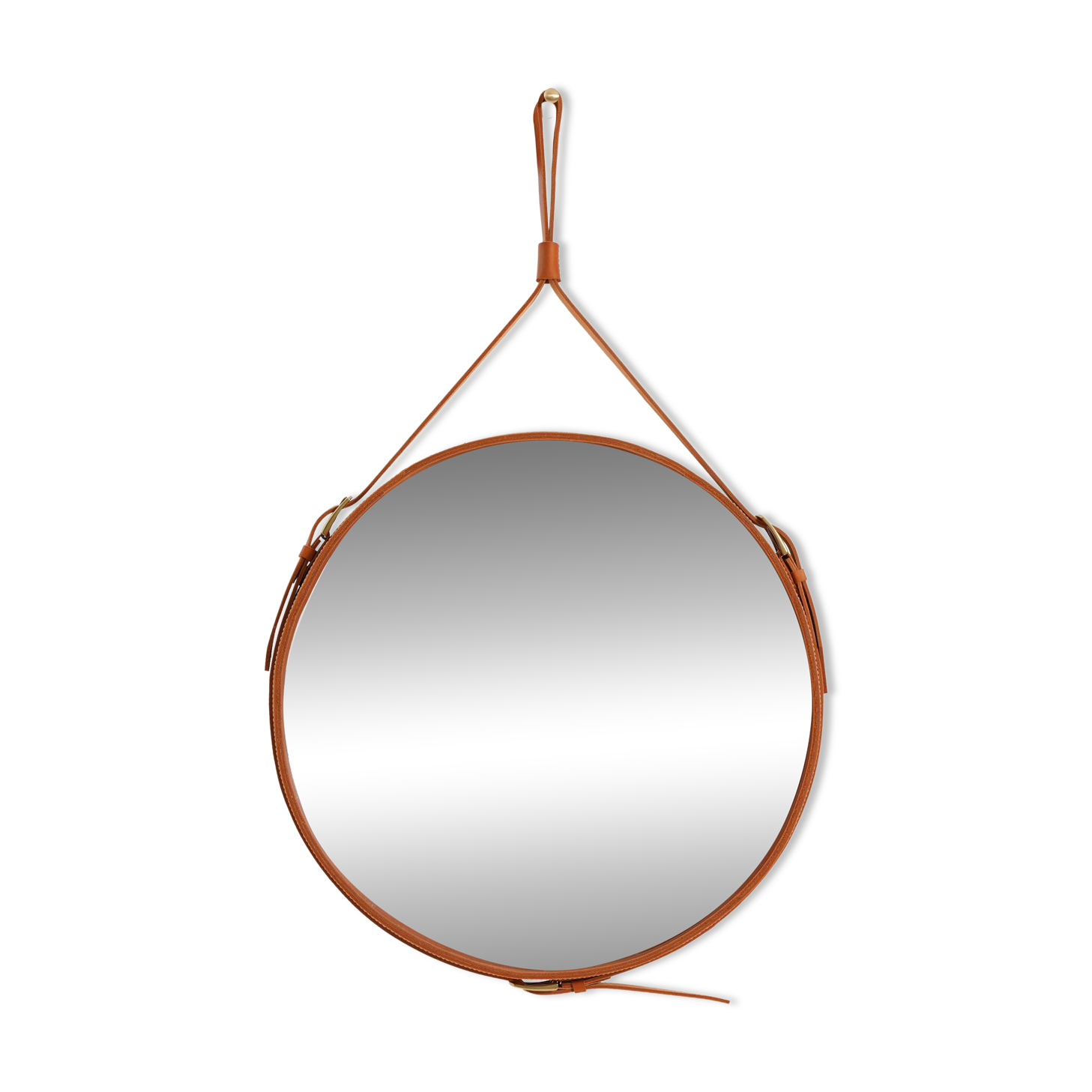 Handmade mirror in J. Adnet style, made of vegetable-tanned leather in tan colour, ø 45 cm.