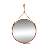 Miroir fait main de style J. Adnet en cuir tanné végétal de couleur tan, ø 45 cm