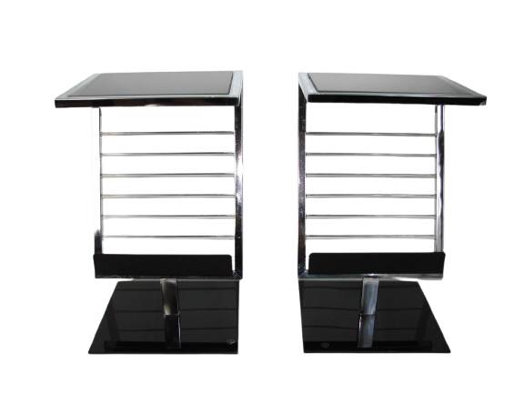 2 side tables, bedside tables in black glass and chrome metal, 1980