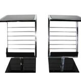 2 side tables, bedside tables in black glass and chrome metal, 1980