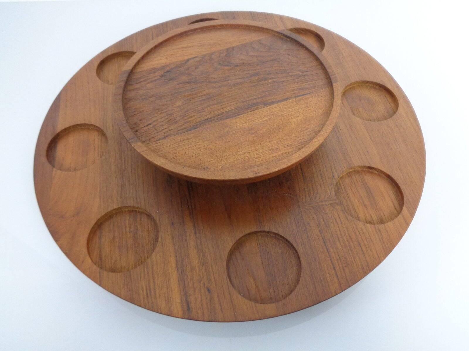 Rotating Teak Tray with Ceramic Bowls, Denmark, 1960s, Set of 10