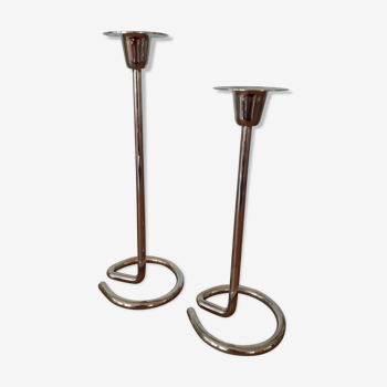 Pair of silver metal candle holders