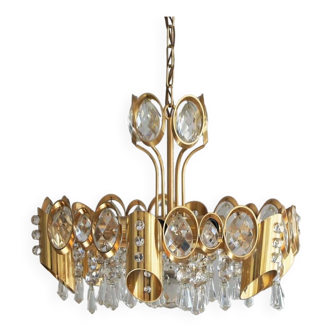 Hollywood Regency Brass & Crystal Glass Ceiling Lamp from Palwa