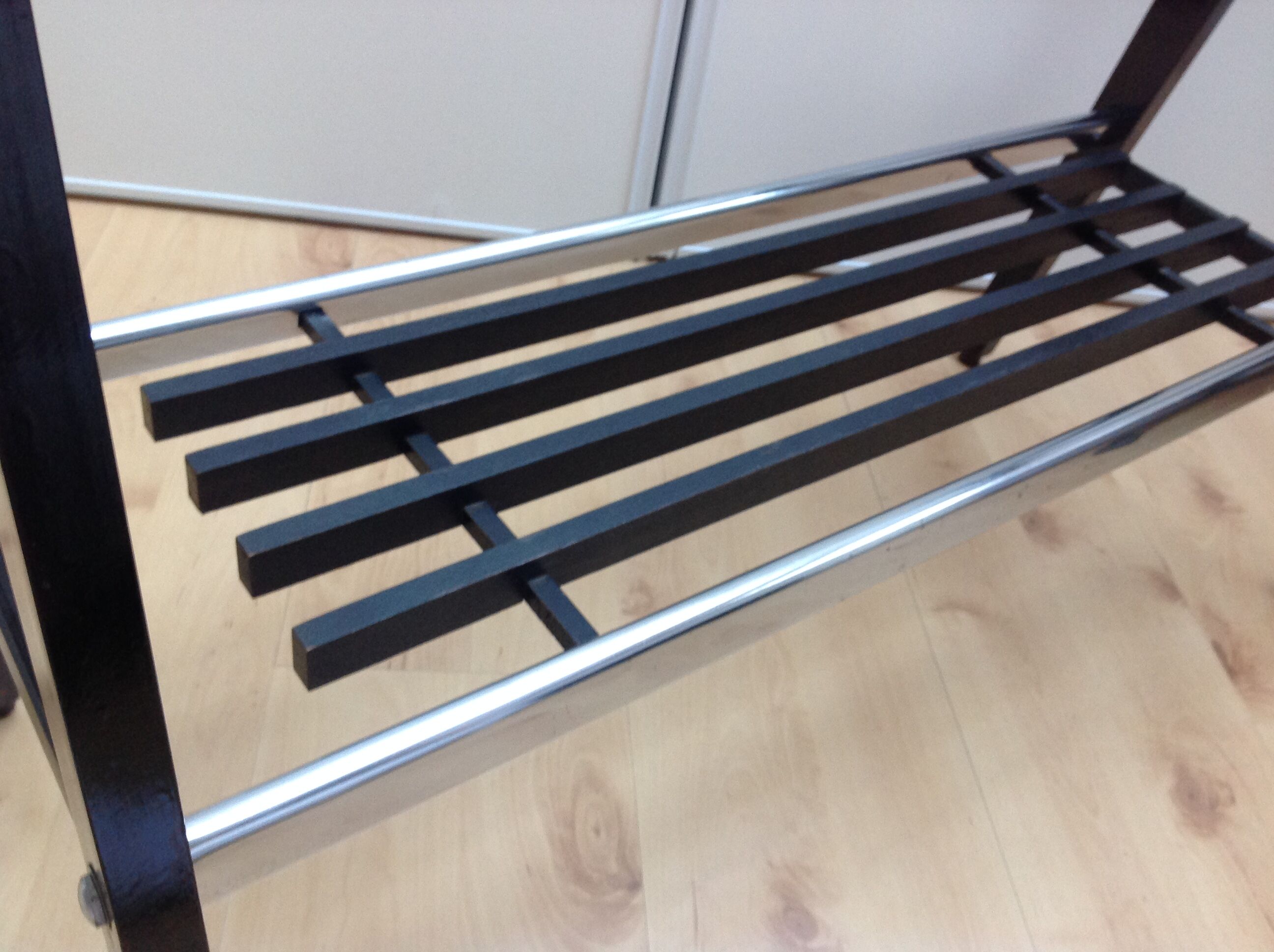 Console in black lacquered wood and chromed metal / vintage 60s-70s