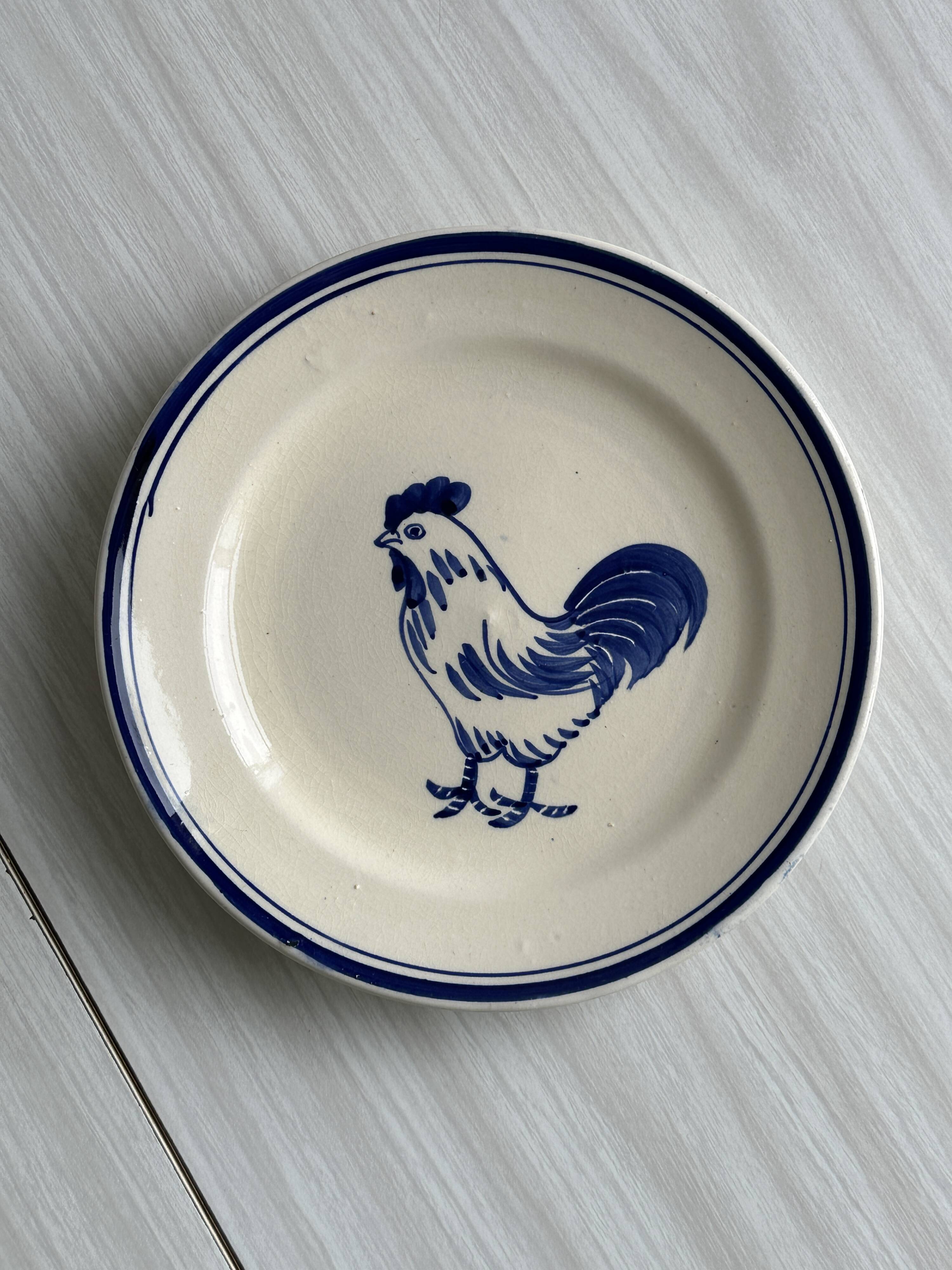 Set of 6 hand painted plates with rooster motif