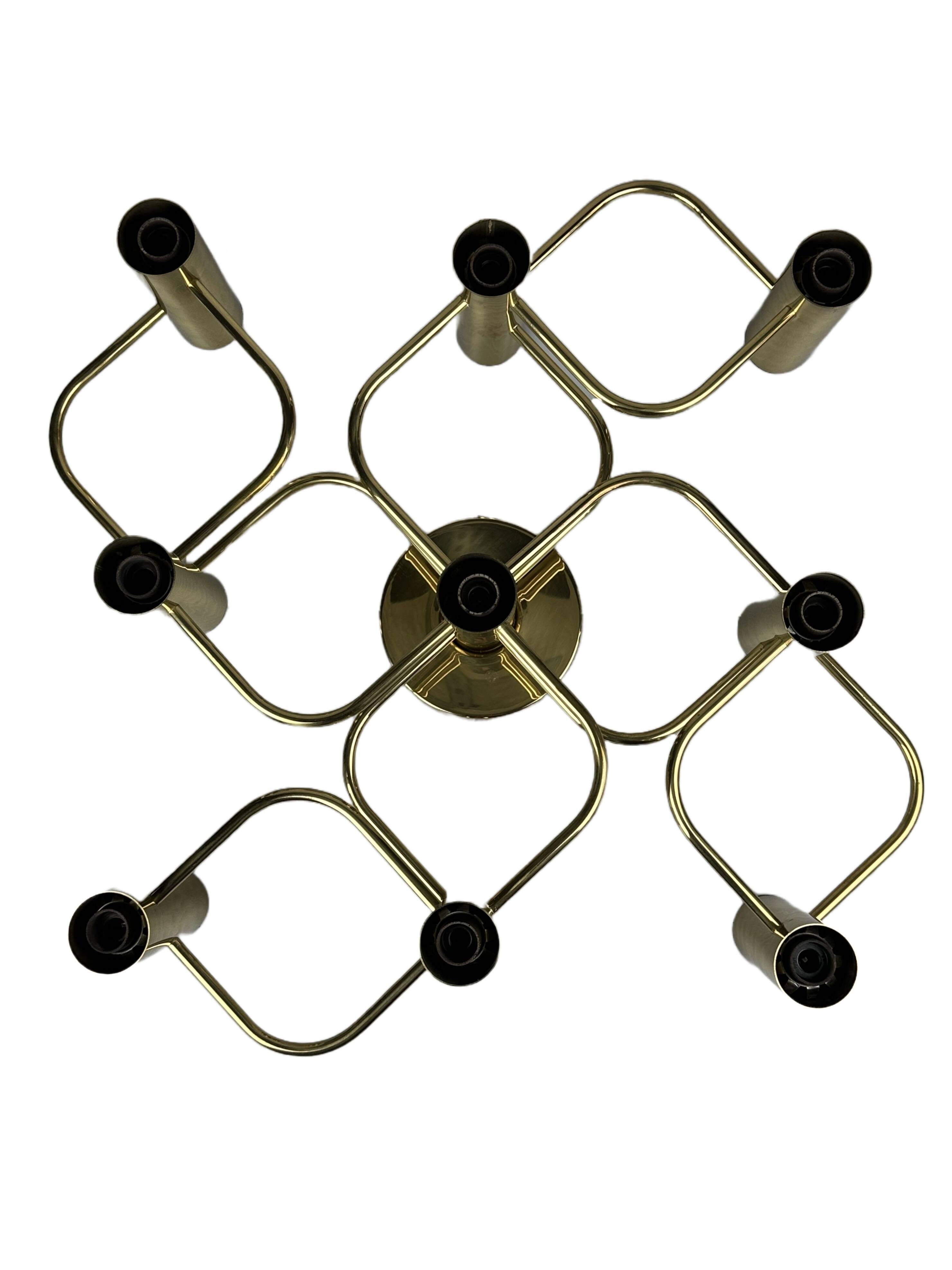 60s 70s 9-bulb ceiling lamp from Leola Leuchten Germany in brass