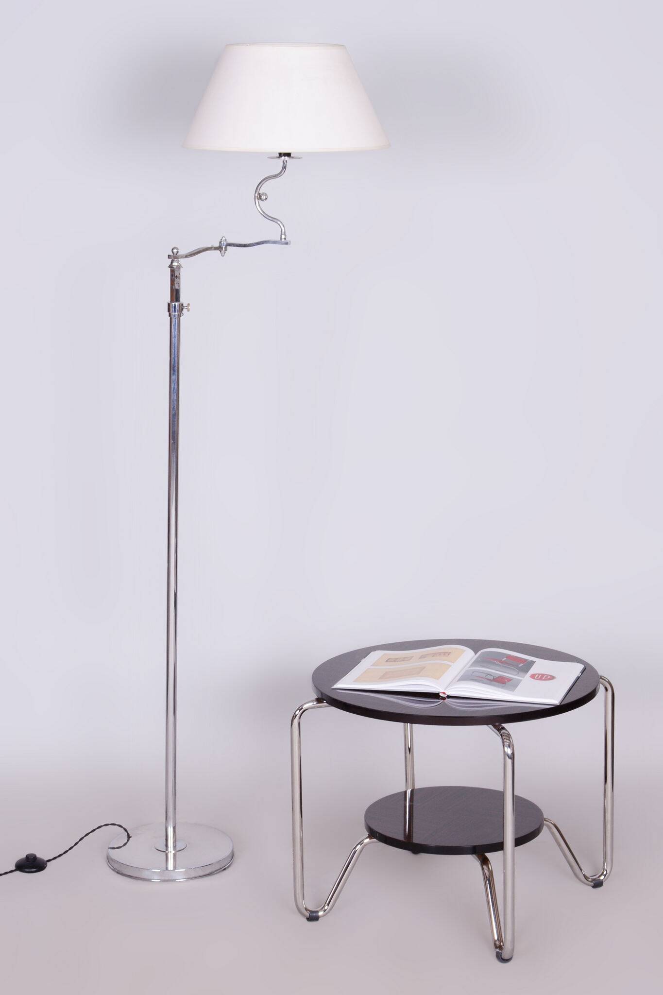 Czech Bauhaus Floor Lamp, Textile Lamp Shade, Chrom-Plated Steel, 1920s