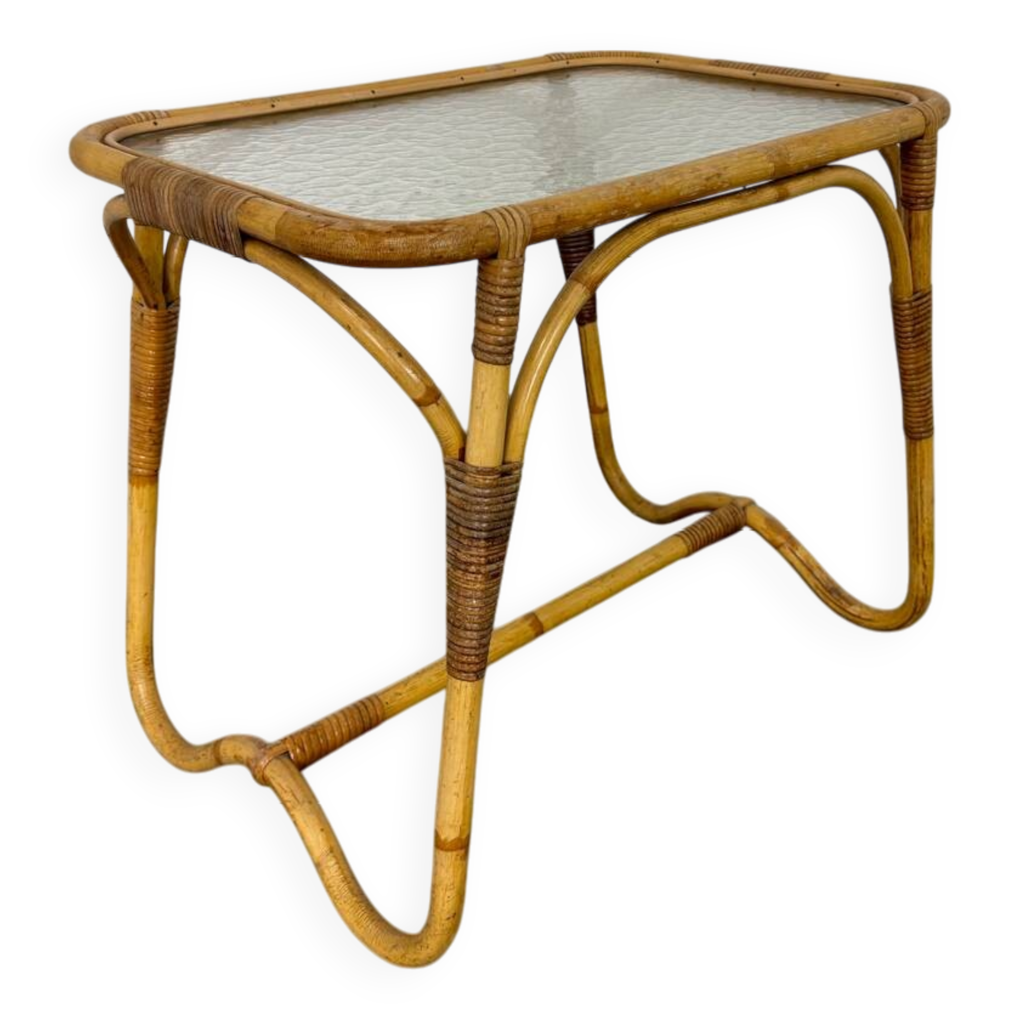Vintage Bohémien Rattan Bamboo and Glass Side Table from Rohé Noordwolde,