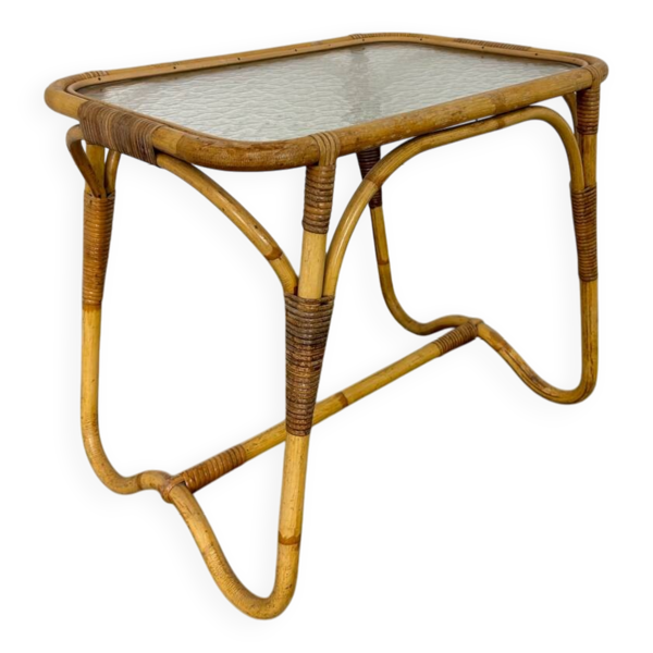 Table d'appoint bohème vintage en rotin, bambou et verre de Rohé Noordwolde,