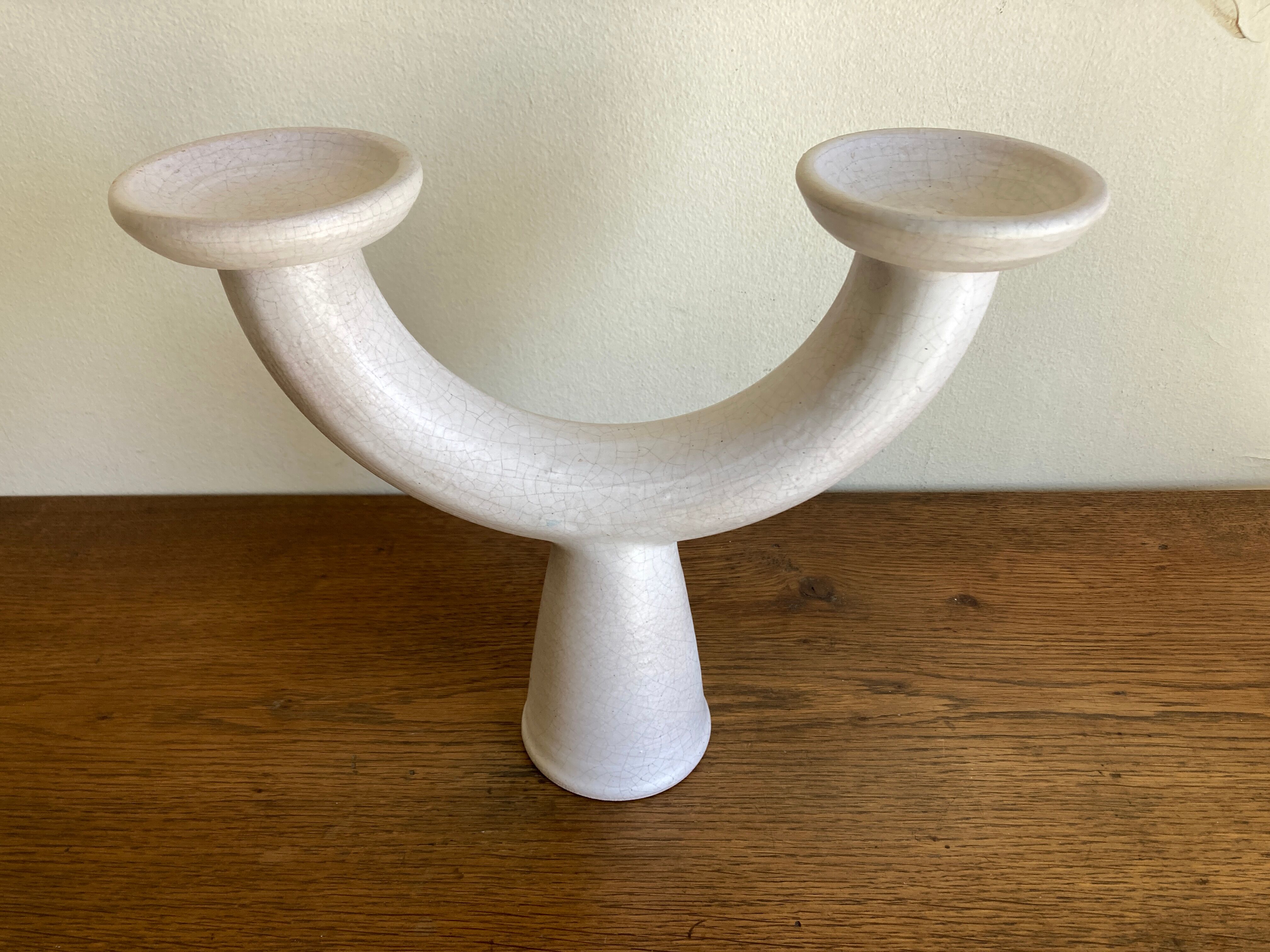 Brutalist candle holder made of white chamotte clay, 1980.