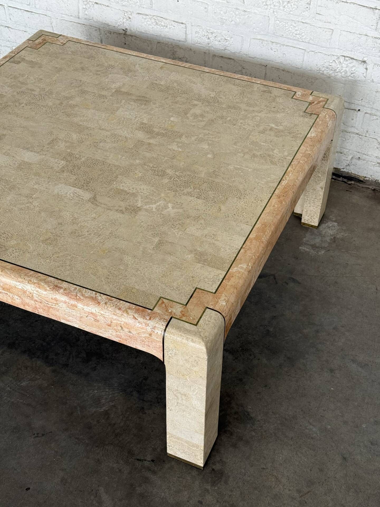 Tessellated Stone & Brass Inlay Coffee Table — Mission Furniture, 1989