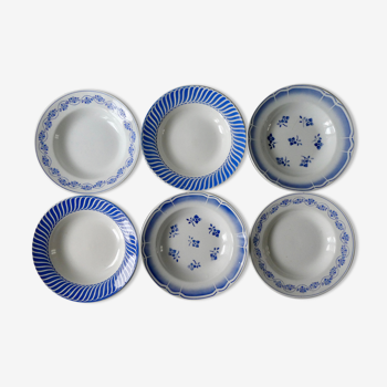 Set de 6 assiettes creuses décor bleu, Badonviller, Orchies et Digoin