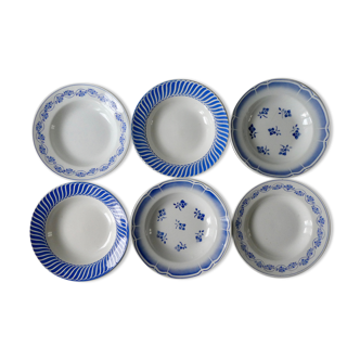 Set of 6 hollow plates blue décor, Badonviller, Orchies and Digoin