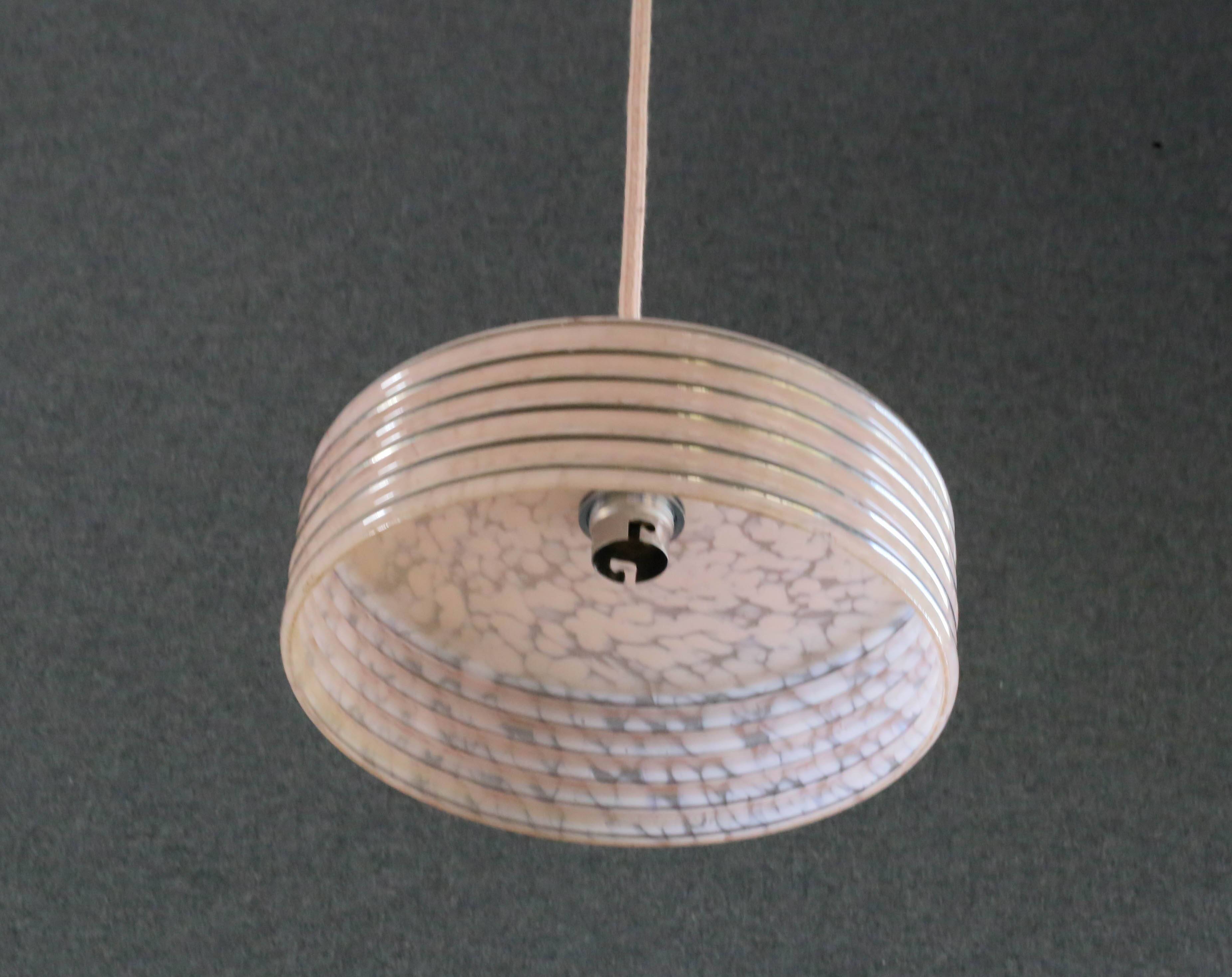 Old pendant light in pink clichy glass with silver threads, delivered with chrome socket