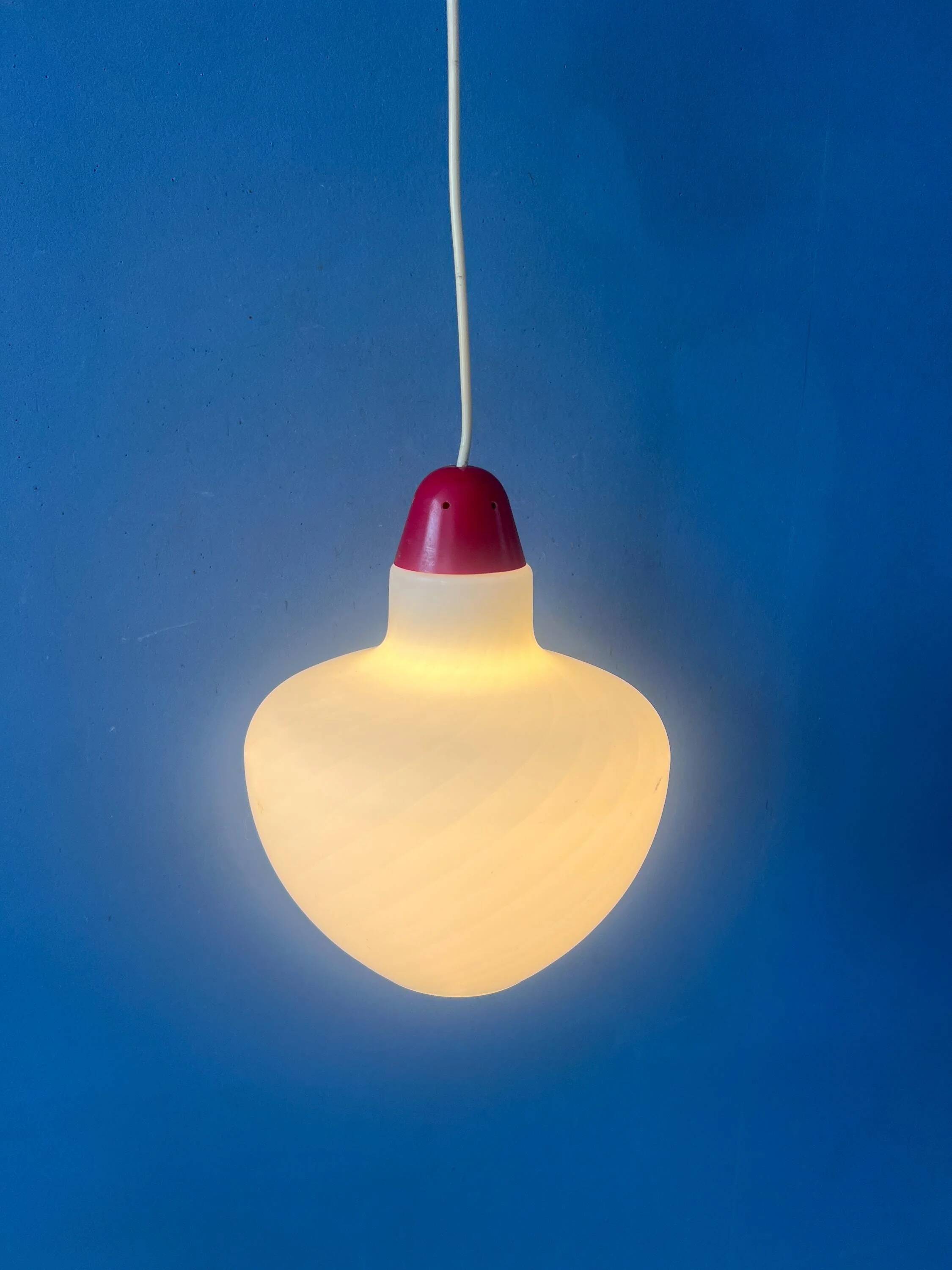Mid-Century opaline glass suspension with a red upper part and ceiling cover.